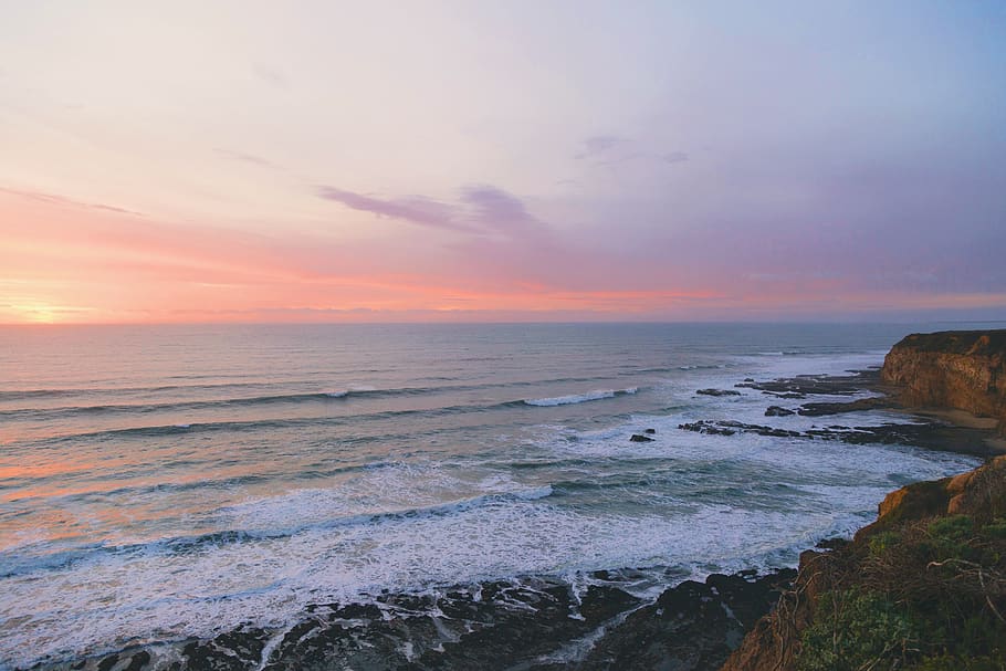 sea, ocean, water, waves, nature, coast, sunset, horizon, cloud HD wallpaper