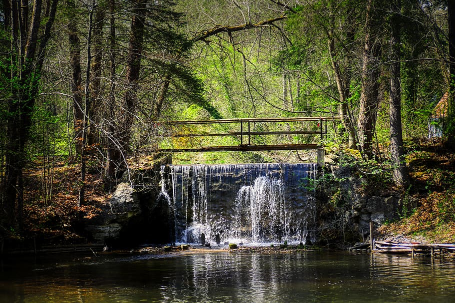 bridge, waterfall, barrage, drain, lake, reservoir, forest HD wallpaper