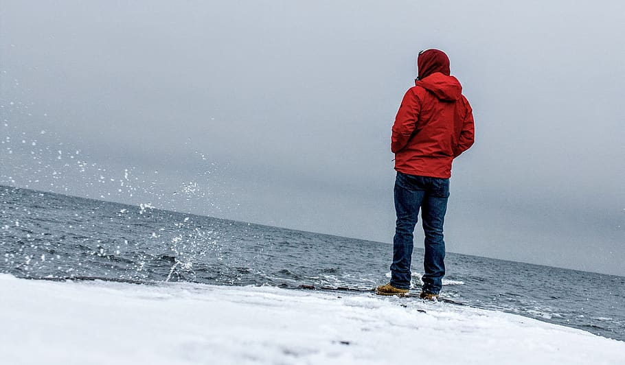 ocean, snow, winter, cold temperature, rear view, clothing HD wallpaper