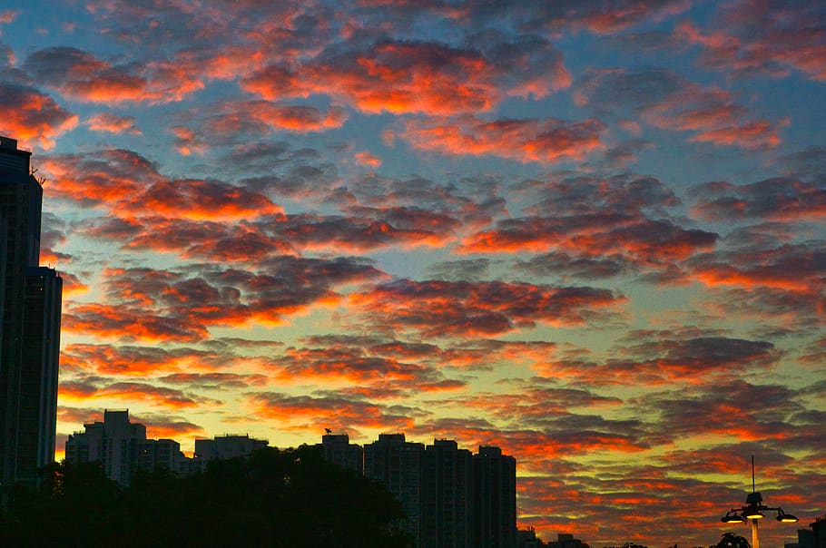 burning sky, burning clouds, evening, cloud - sky, architecture HD wallpaper