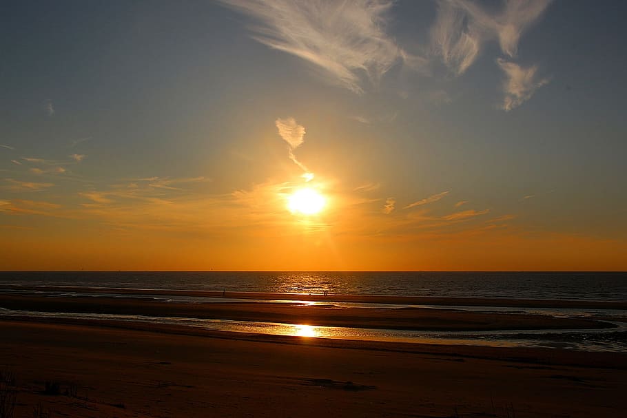 sunset, sea, shore, seashore, beach, nature, water, ocean, setting HD wallpaper
