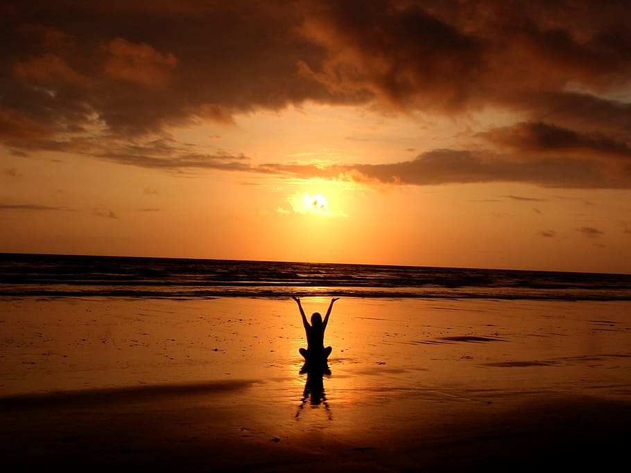 Silhouette of Person Raising Its Hand, backlit, balance, beach HD wallpaper