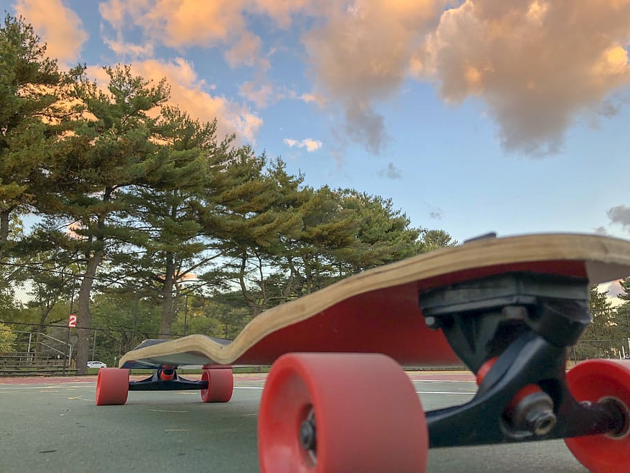 skateboard, trees, blue sky, transportation, mode of transportation HD wallpaper