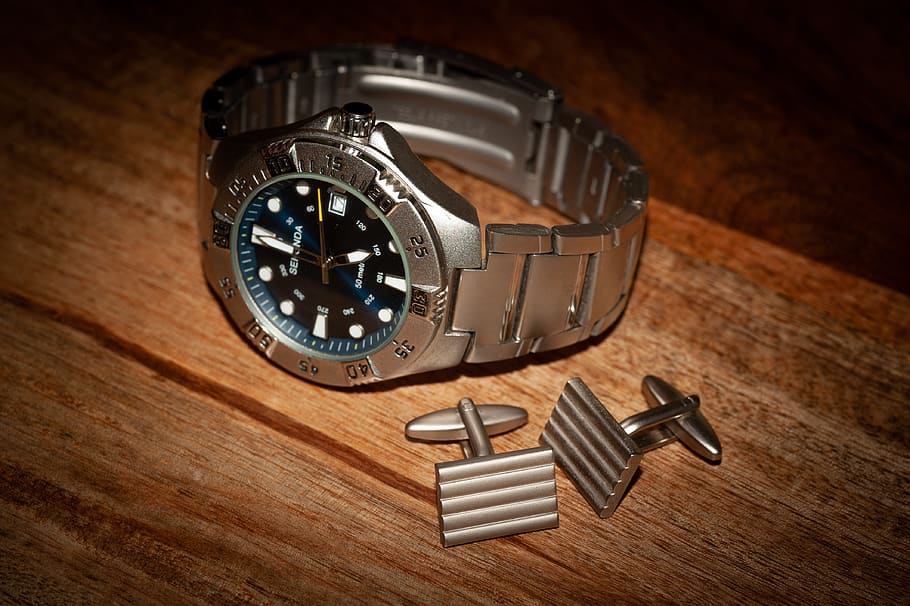 wedding, essentials, groom, watch, table, wood, silver, creative HD wallpaper
