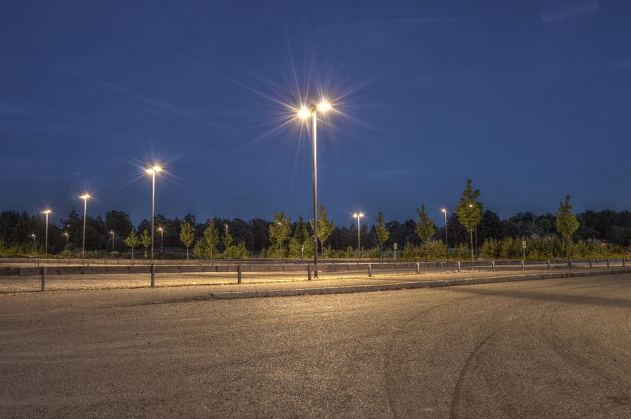 Photography of Empty Field With Post Lamps, dawn, environment, HD wallpaper