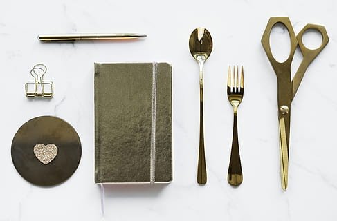 Top-view Photography of Silver Spoon, Book, Fork, Scissors, and Pen HD wallpaper