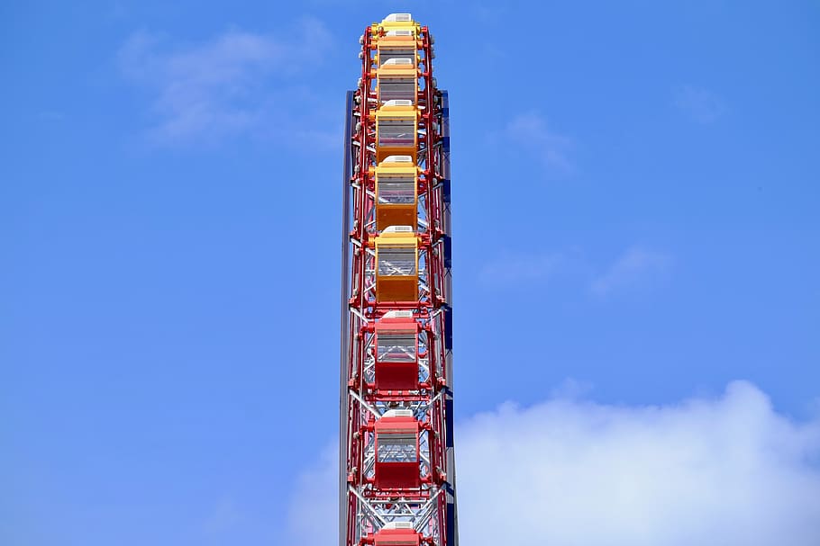 ferris wheel, blue sky, going down, play, amusement, view, low angle view HD wallpaper