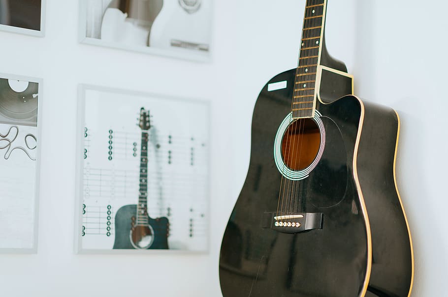 black and brown acoustic guitar, musical instrument, leisure activities