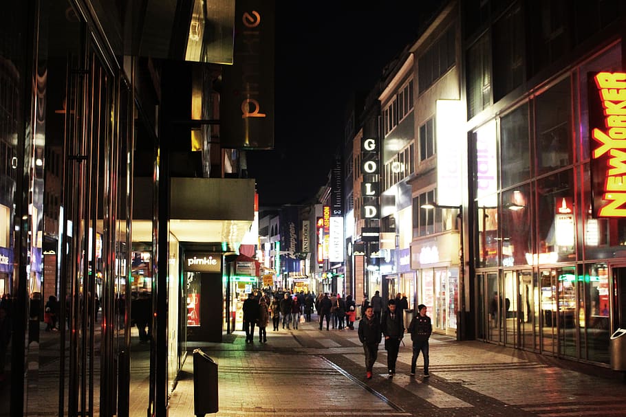 cologne, germany, shopping, köln, reflections, lights, night HD wallpaper