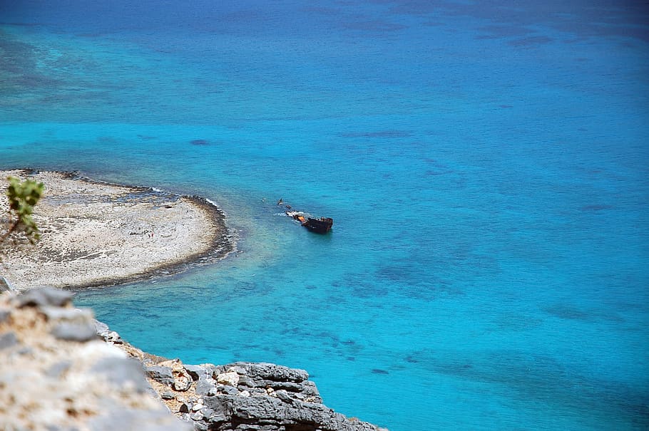 greece, imeri gramvousa, beach, blue, sea, shipwreck, water HD wallpaper