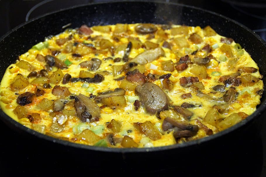 egg, omelet, salty, pancake, mushrooms, yolk, fried, vegetable, HD wallpaper