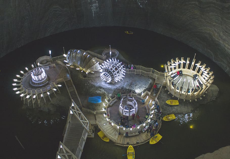 romania, turda, cave, salt, saltern, lightning, high angle view HD wallpaper