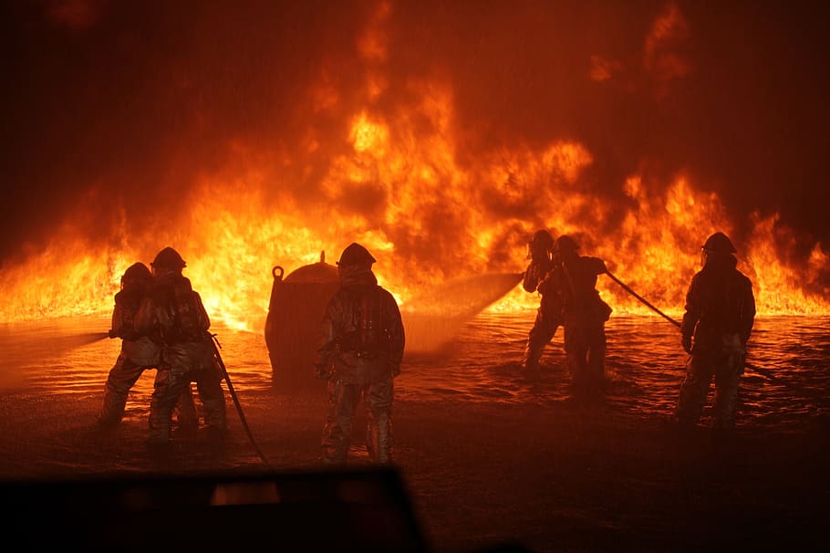 Fire Fighters, backlit, breathing apparatus, danger, dangerous