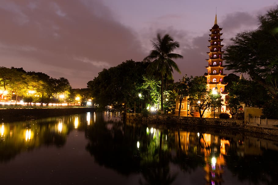 exposure, temple, reflection, night time, illuminated, architecture HD wallpaper