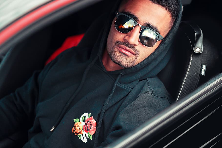 man sitting inside car, fashion, one person, sunglasses, mode of transportation HD wallpaper