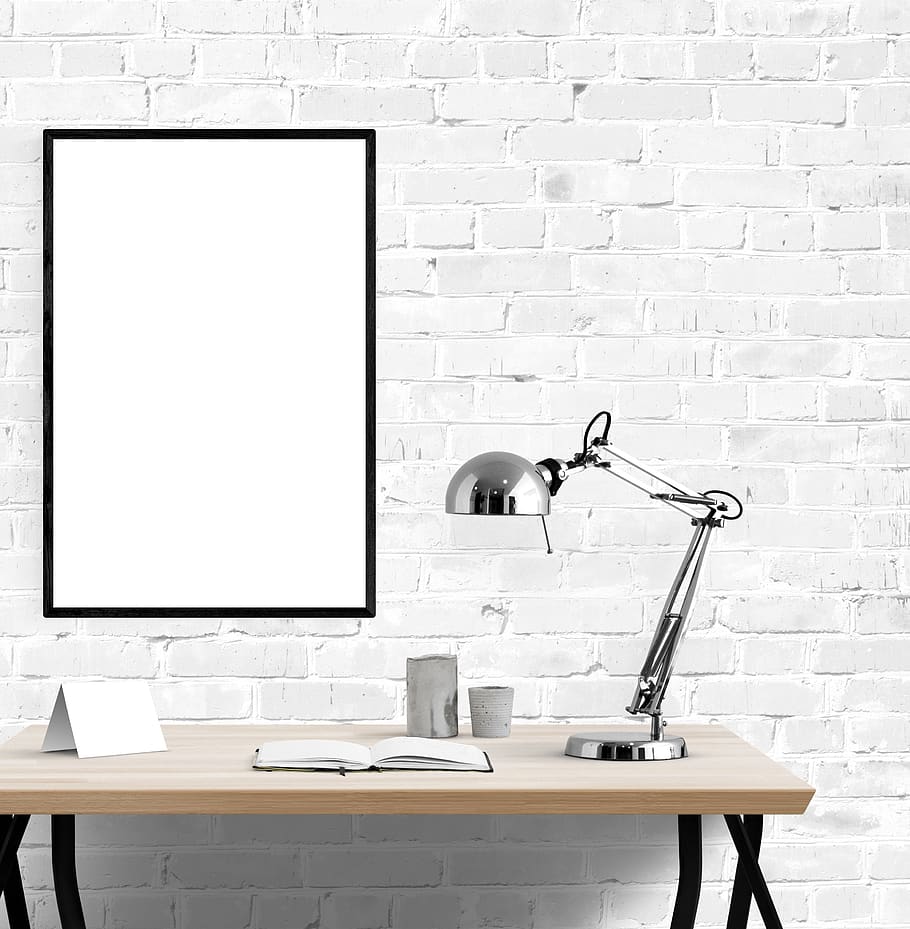 poster, frame, desk, lamp, book, wall, wall - building feature HD wallpaper