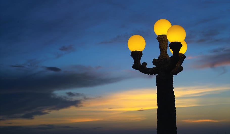 mexico, cancún, lamp, sunset, yellow, sky, cloud - sky, silhouette HD wallpaper