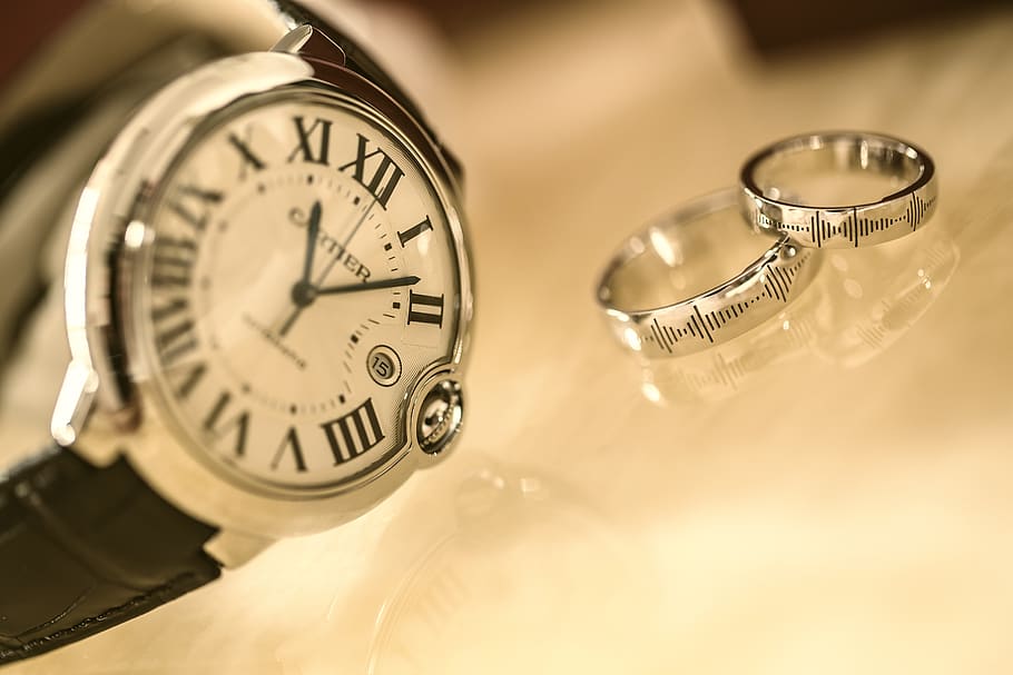 Silver Wedding Rings Near Silver Round Analog Watch, accessories, HD wallpaper