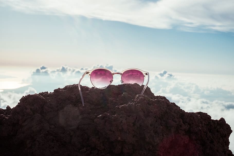 rocks, hill, cliff, landscape, blue, sky, clouds, sunglasses HD wallpaper