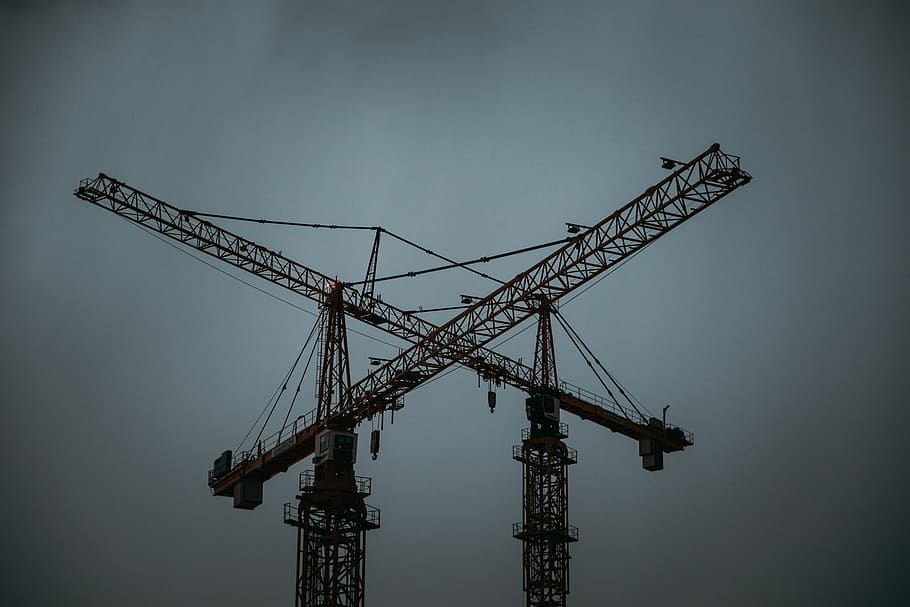 yellow steel tower crane, constriction crane, grey, construction, HD wallpaper