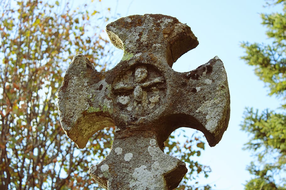 gray concrete cross statue, tree, representation, no people, day HD wallpaper