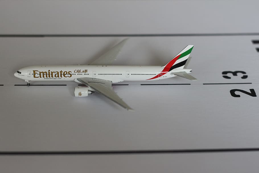 white Fly Emirates plane scale model, vehicle, aircraft, airplane