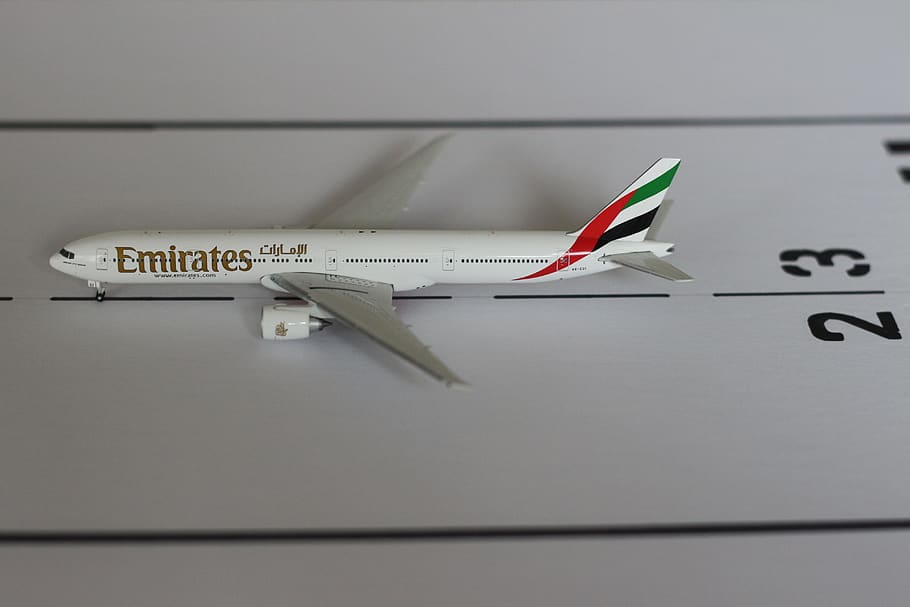 white Fly Emirates plane scale model, vehicle, aircraft, airplane HD wallpaper