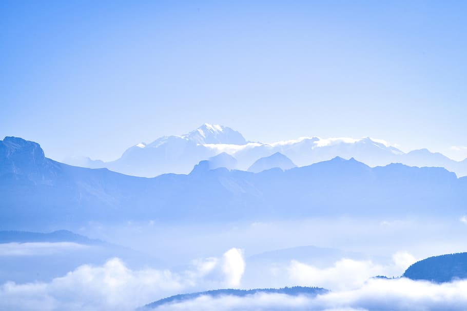 mountains covered with clouds, sky, fog, mist, haze, peak, blue HD wallpaper