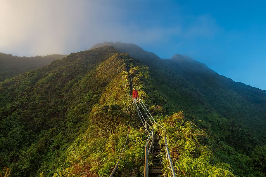 aerial photography of mountain bridge, mountian, peak, trail HD wallpaper