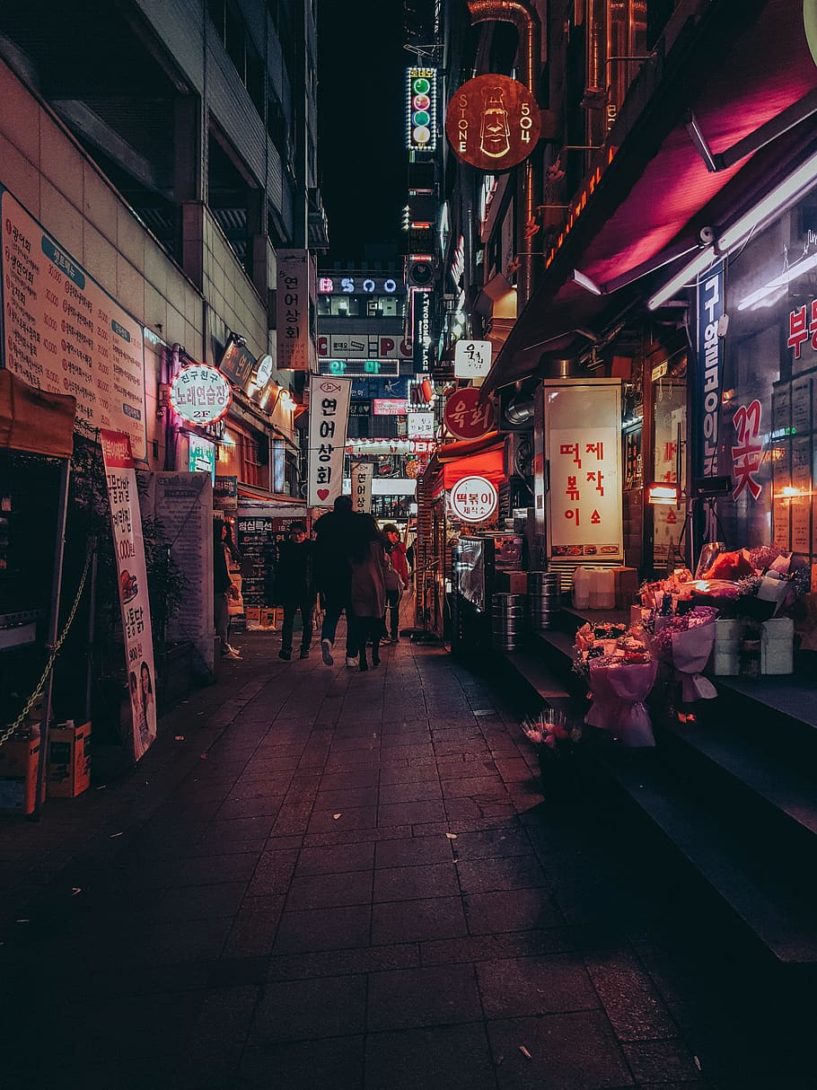 people walking between buildings, urban, town, city, road, human HD wallpaper