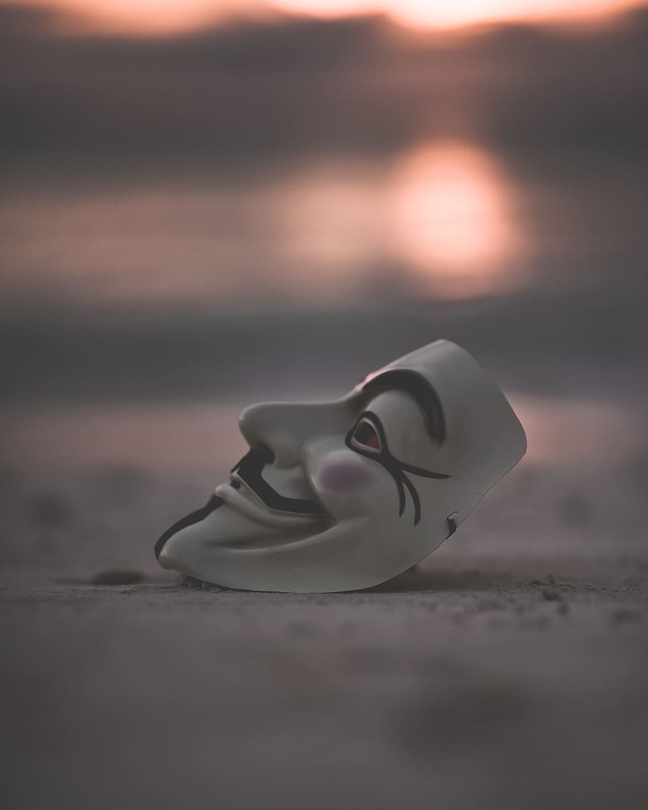 Guy Fawkes mask, sunset, no people, representation, water, still life HD wallpaper