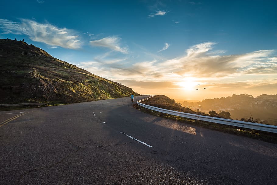 road, pavement, highway, sunset, sky, clouds, outdoors, landscape HD wallpaper