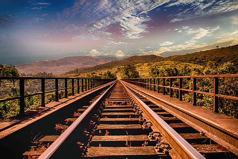 Stainless Steel Trail Rails Near Green Trees, bridge, clouds HD wallpaper