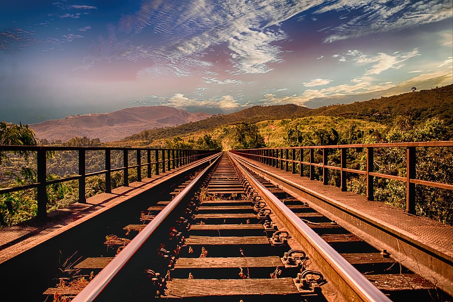 Stainless Steel Trail Rails Near Green Trees, bridge, clouds HD wallpaper
