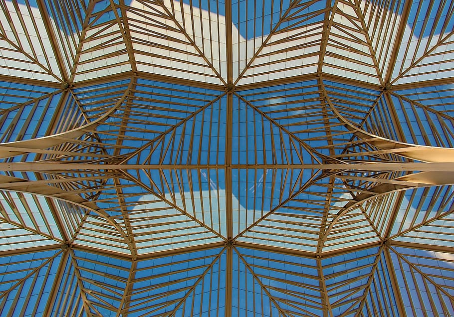 building, ceiling, reflection, geometric, pattern, glass, steel HD wallpaper