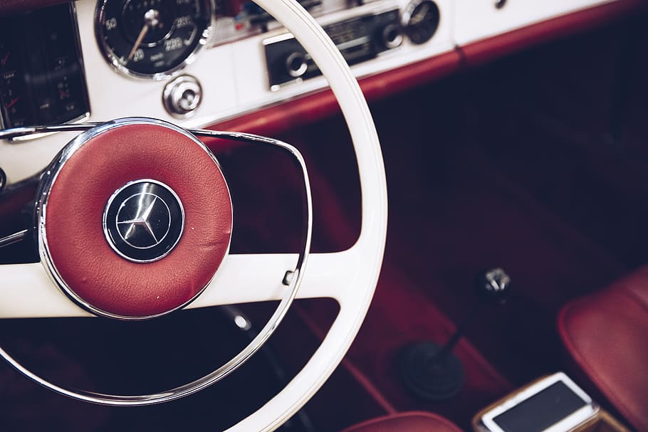 red and white Mercedes-Benz vehicle interior, mode of transportation, HD wallpaper