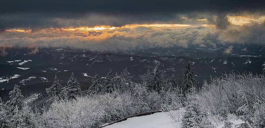 czechia, krásná, lysá hora, sunrise, mountains, snow, forest, HD wallpaper