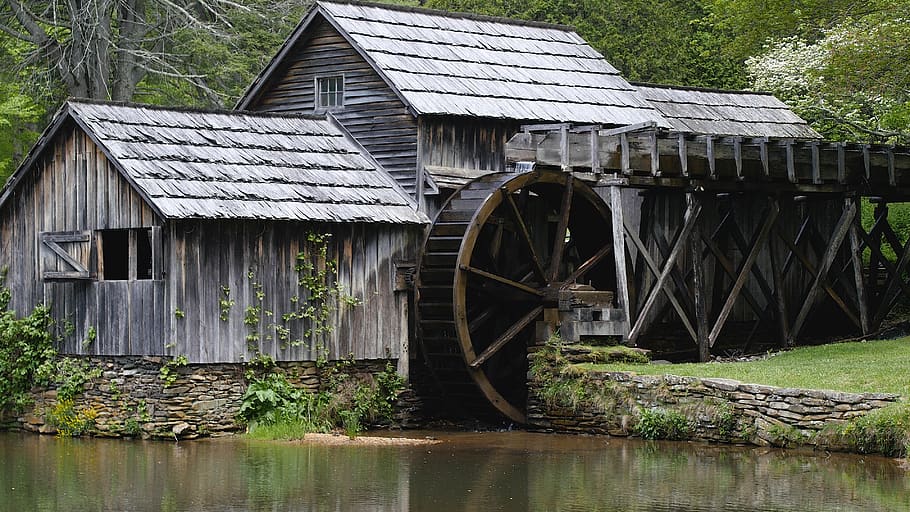 Gray Wooden House With Water Mill Surrounded by Trees, architecture HD wallpaper
