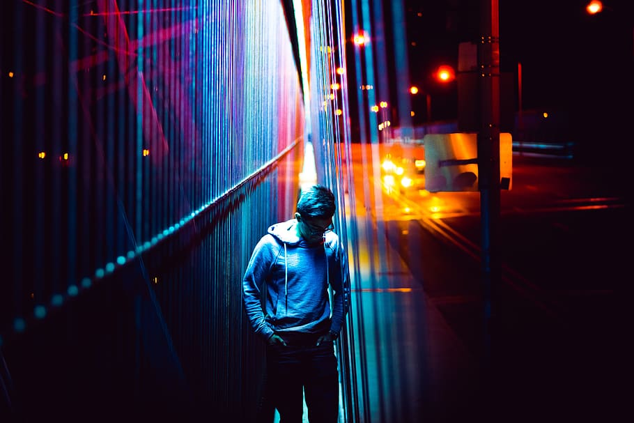 people, man, guy, walking, alone, dark, night, street, lights HD wallpaper