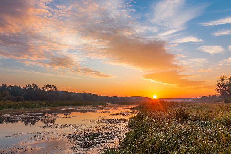 sunrise, river, sky, landscape, water, nature, the sun, in the morning HD wallpaper