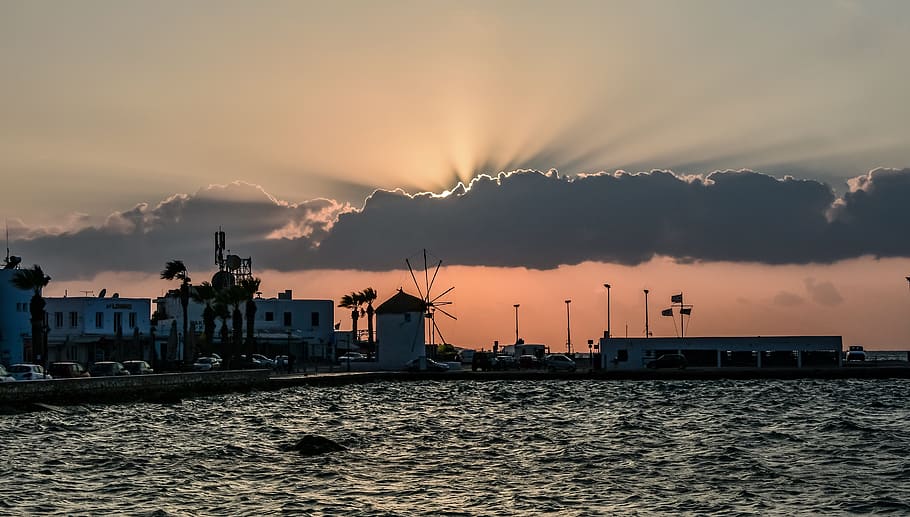 sunset, port, clouds, sky, landscape, twilight, windmill, paros HD wallpaper