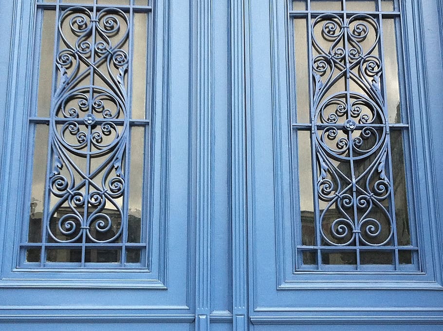 Closed Blue Wooden Framed Glass Door, architecture, design, facade HD wallpaper
