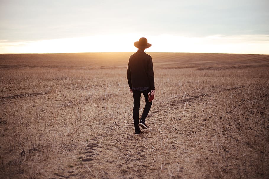 man walking on dried plain while looking towards the sun on horizon, HD wallpaper