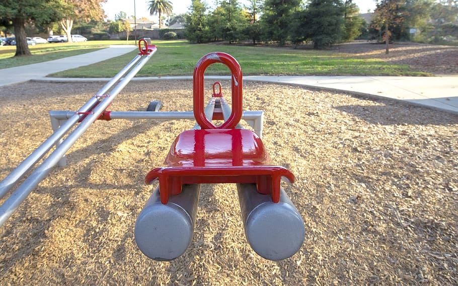 Red and Gray Seesaw in the Playground, close-up, color, daylight HD wallpaper