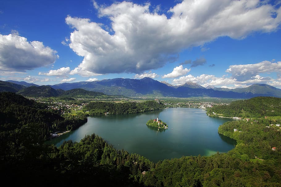 slovenia, bled, lake bled, suny, clouds, island, landscape, HD wallpaper