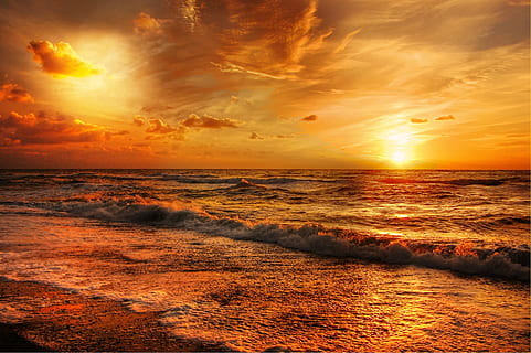 Water Splashing on Shore during Golden Hour, beach, clouds, coast HD wallpaper