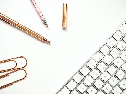 Pens Near Keyboard and Paper Clips, close-up, composition, data HD wallpaper