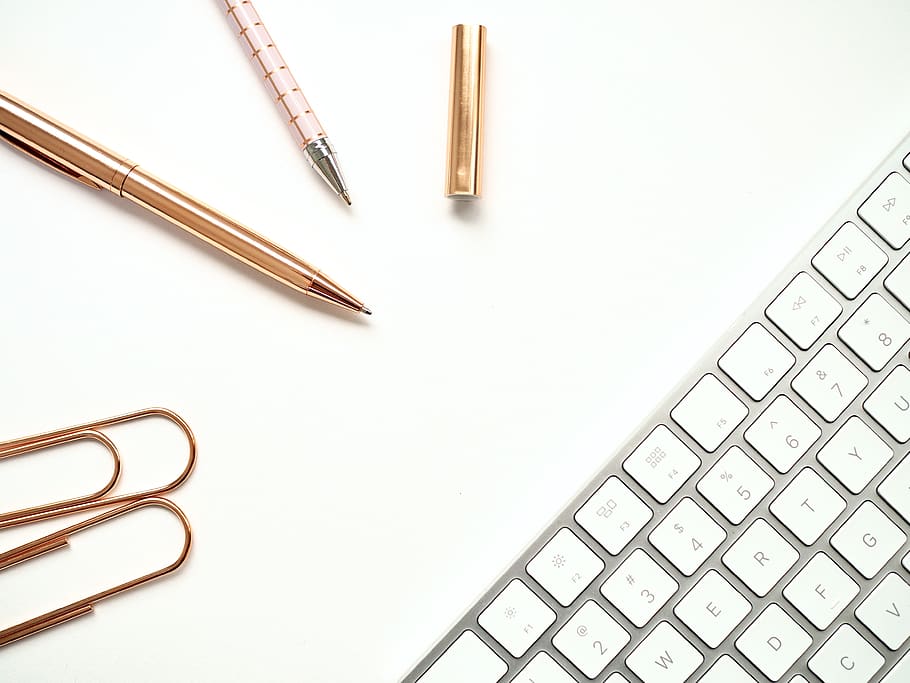Pens Near Keyboard and Paper Clips, close-up, composition, data HD wallpaper