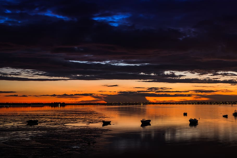 portugal, lisbon, cloud - sky, water, sunset, reflection, orange color HD wallpaper