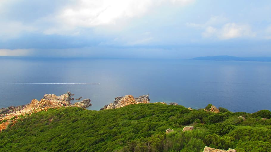 sky, sea, storm, cloud, boat, rock, landscape, nature, sea front HD wallpaper
